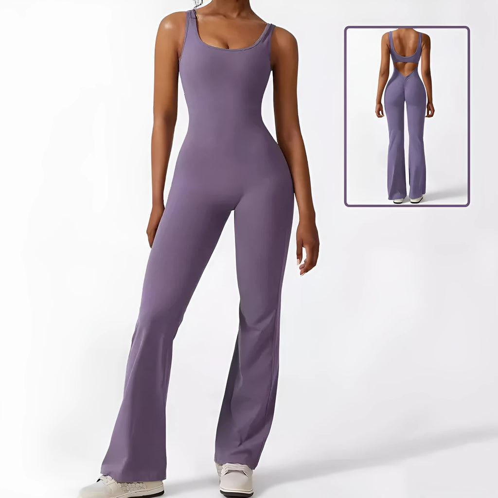 Women's sleeveless black flare jumpsuit long pants for yoga and fitness.
