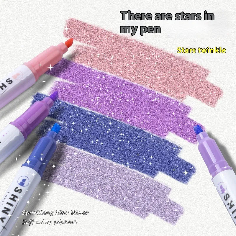 Set of four glitter highlighter pens with star river design and slanted tips in assorted colours.