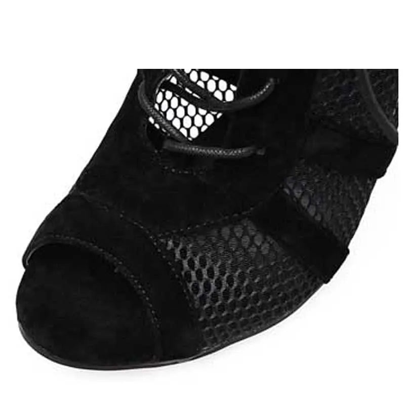 Black suede women's lace-up high heel shoes with a high stiletto heel and a front platform.