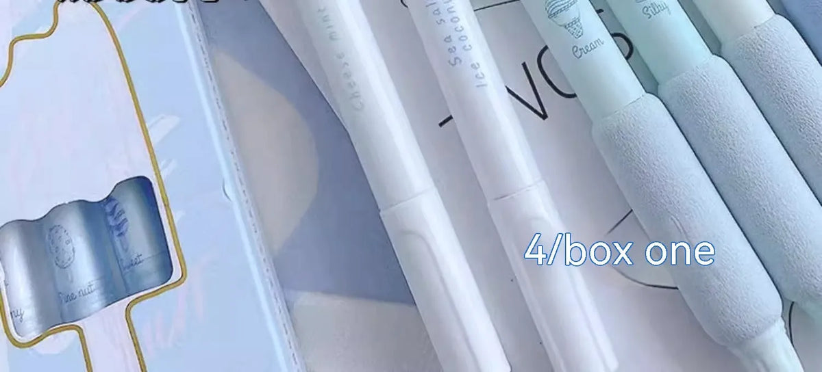 Four double-headed fluorescent pens with 0.5mm tips in cheese mint and sea salt ice cup colours for calligraphy practice