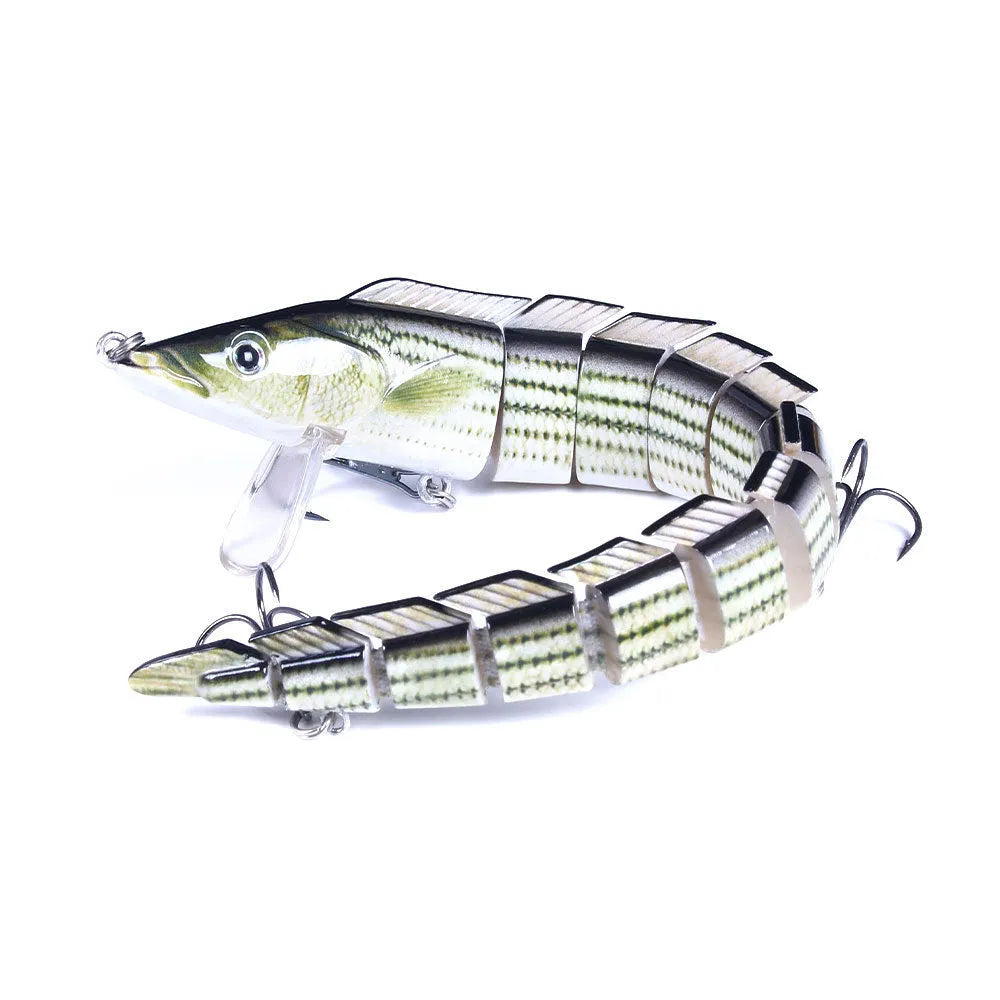 23cm articulated hard fishing lure with multi-section jointed body and #2 treble hooks