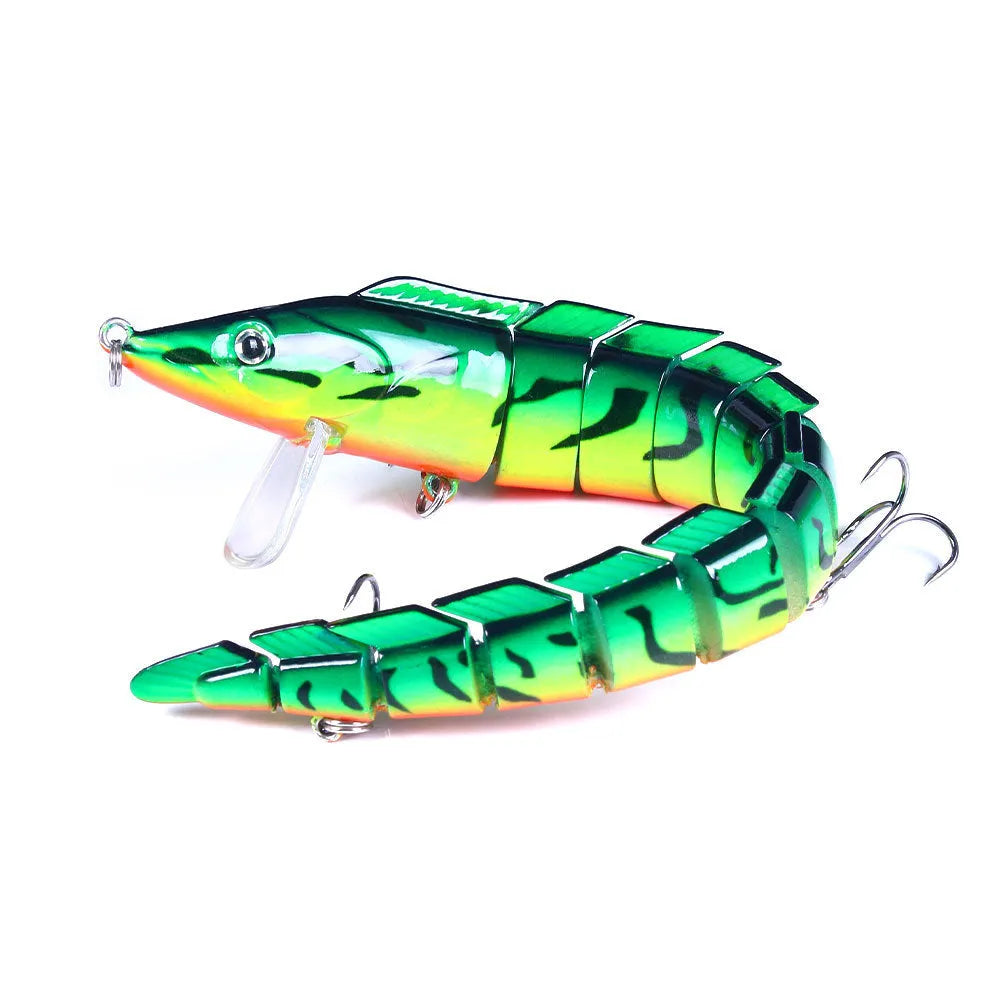 23cm articulated hard fishing lure with multi-section jointed body and #2 treble hooks