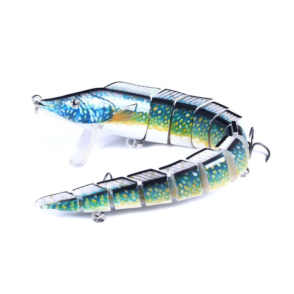 23cm articulated hard fishing lure with multi-section jointed body and #2 treble hooks