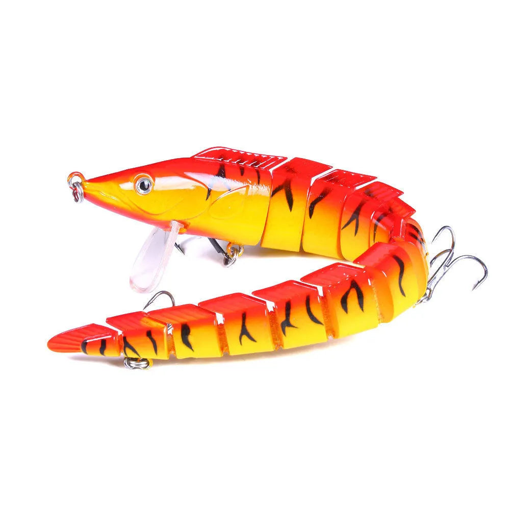 23cm articulated hard fishing lure with multi-section jointed body and #2 treble hooks