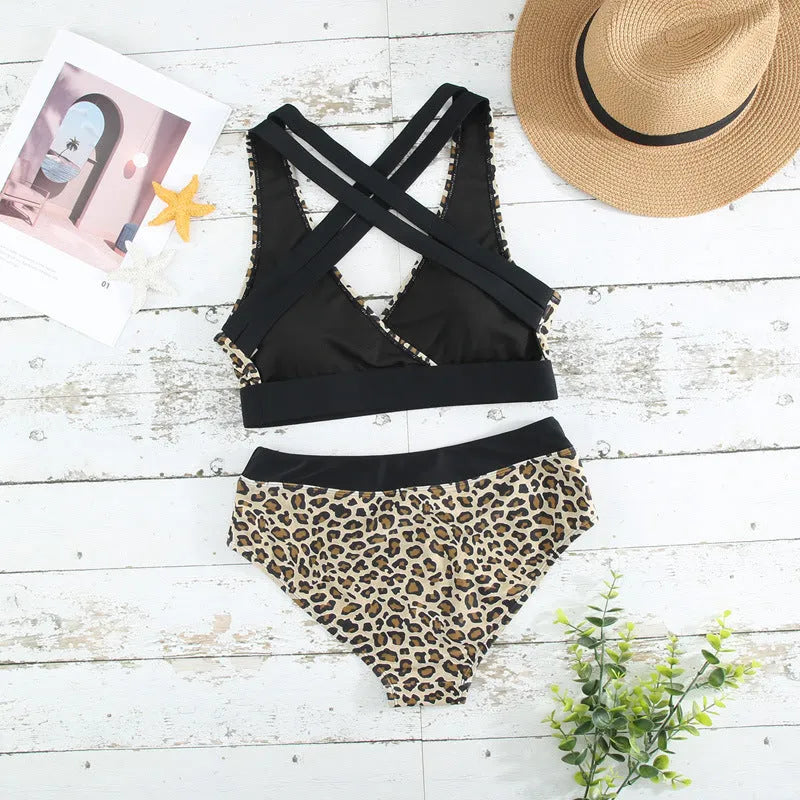 Leopard print cross banded bikini swimsuit with V-neck design and split styling for women