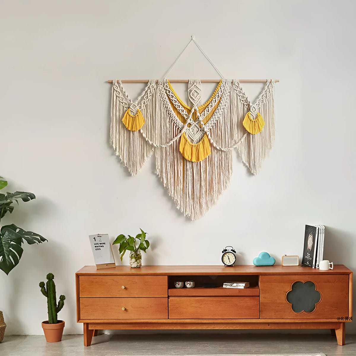 Nordic style hand-woven cotton tapestry with creamy-white background and yellow accents, 120x95cm
