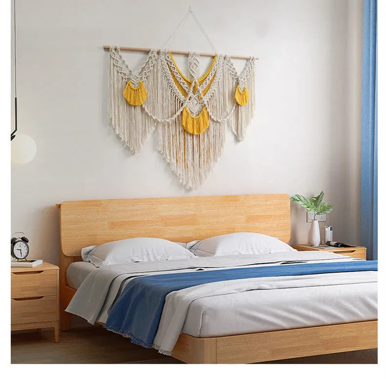 Nordic style hand-woven cotton tapestry with creamy-white background and yellow accents, 120x95cm