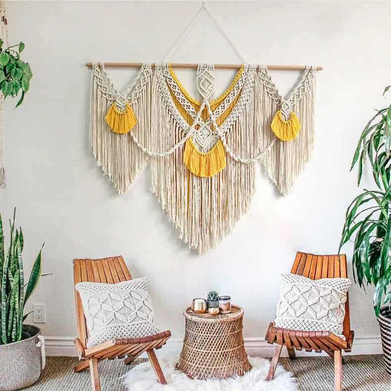 Nordic style hand-woven cotton tapestry with creamy-white background and yellow accents, 120x95cm