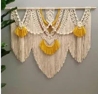 Nordic style hand-woven cotton tapestry with creamy-white background and yellow accents, 120x95cm