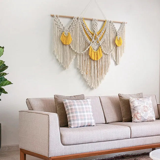 Nordic style hand-woven cotton tapestry with creamy-white background and yellow accents, 120x95cm