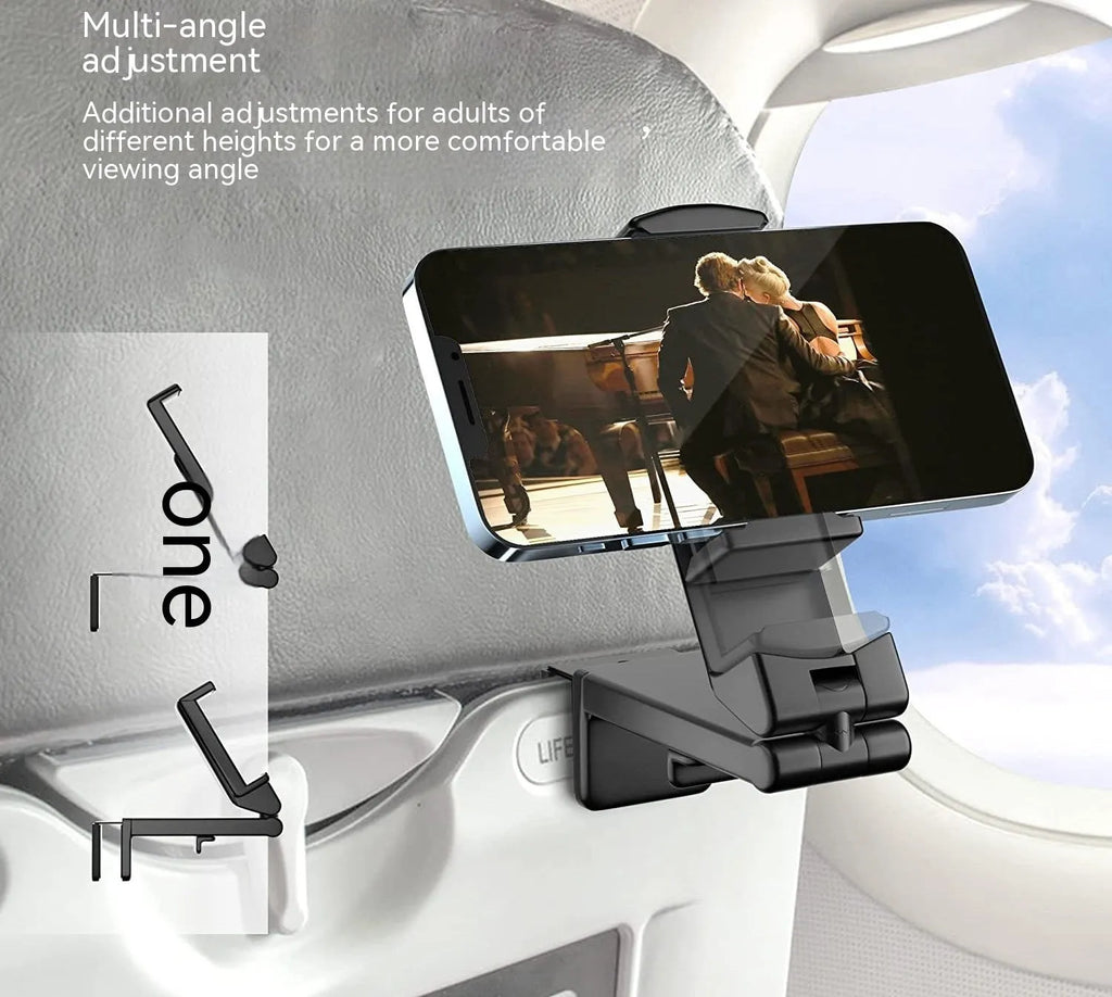 Black foldable rotating phone holder showing adjustable angles on a desk