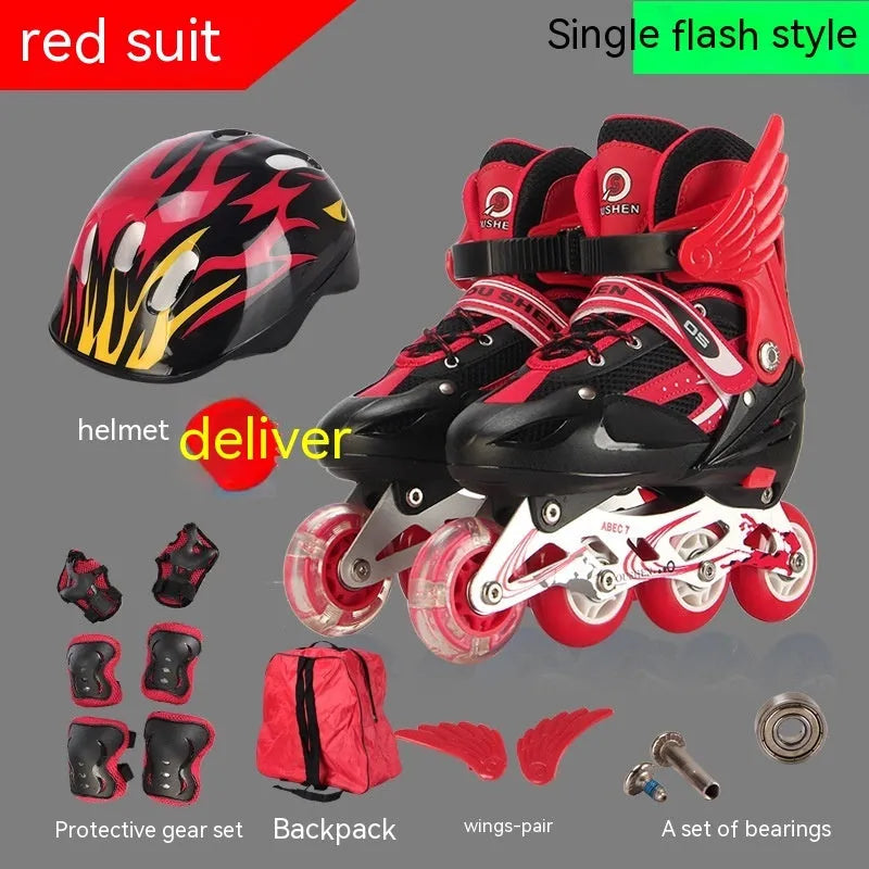 Children's adjustable PU skate shoes in various colours with helmet, protective pads, and backpack.