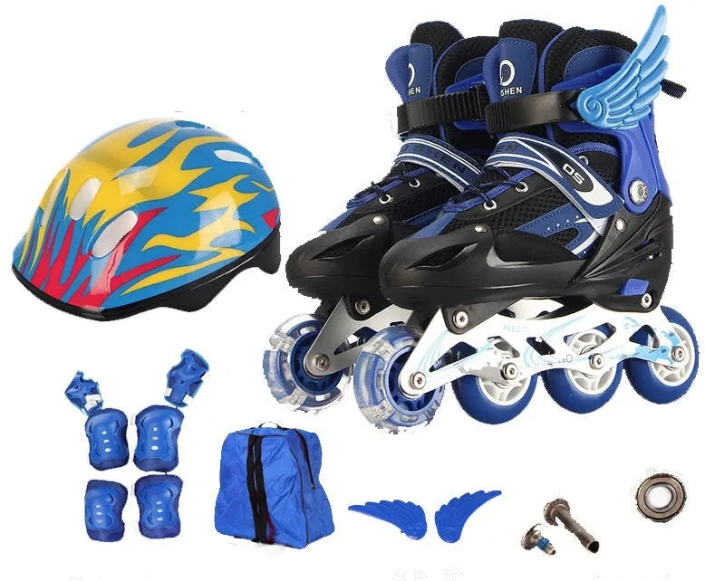 Children's adjustable PU skate shoes in various colours with helmet, protective pads, and backpack.