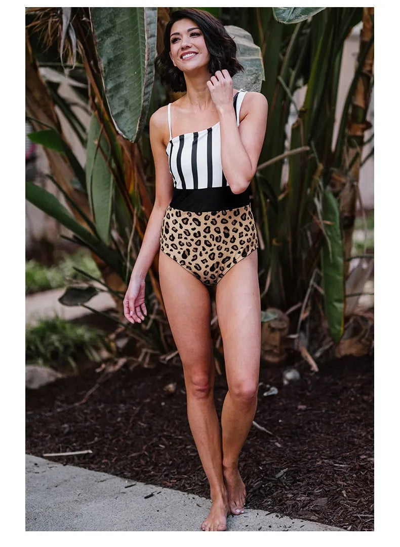 Women's leopard print one-piece swimsuit with asymmetric collar and high-waist brief design
