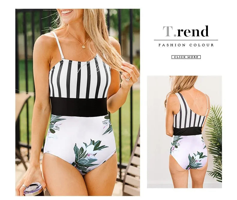 Women's leopard print one-piece swimsuit with asymmetric collar and high-waist brief design