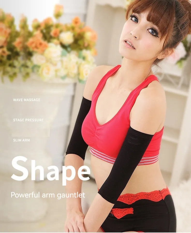 Women's black nylon shaping arm sleeves laid flat showing free size design