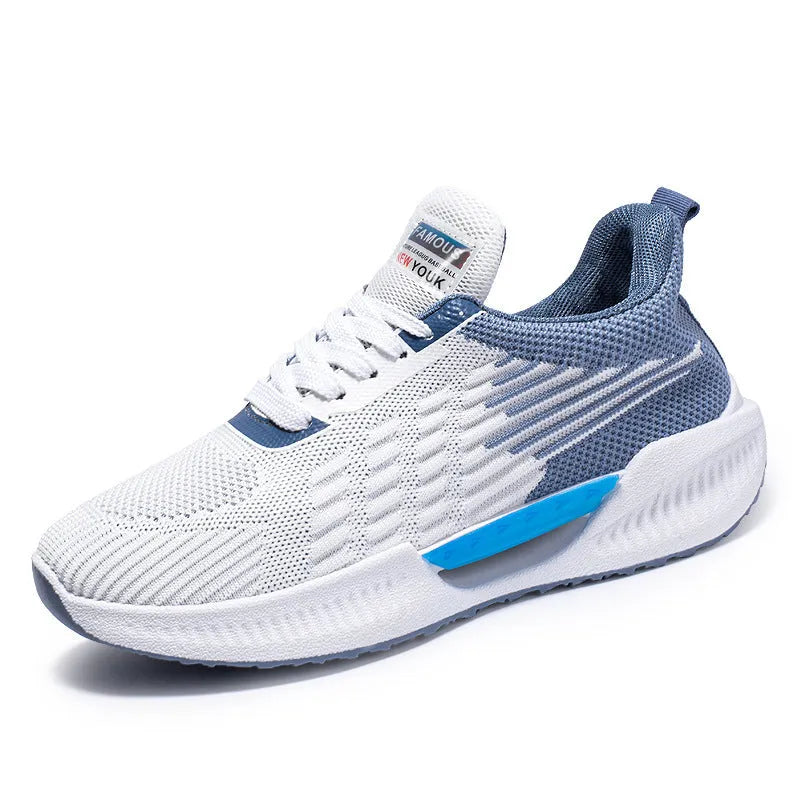 Men's blue mesh casual shoe with round toe and cloth upper, displayed on a white background.