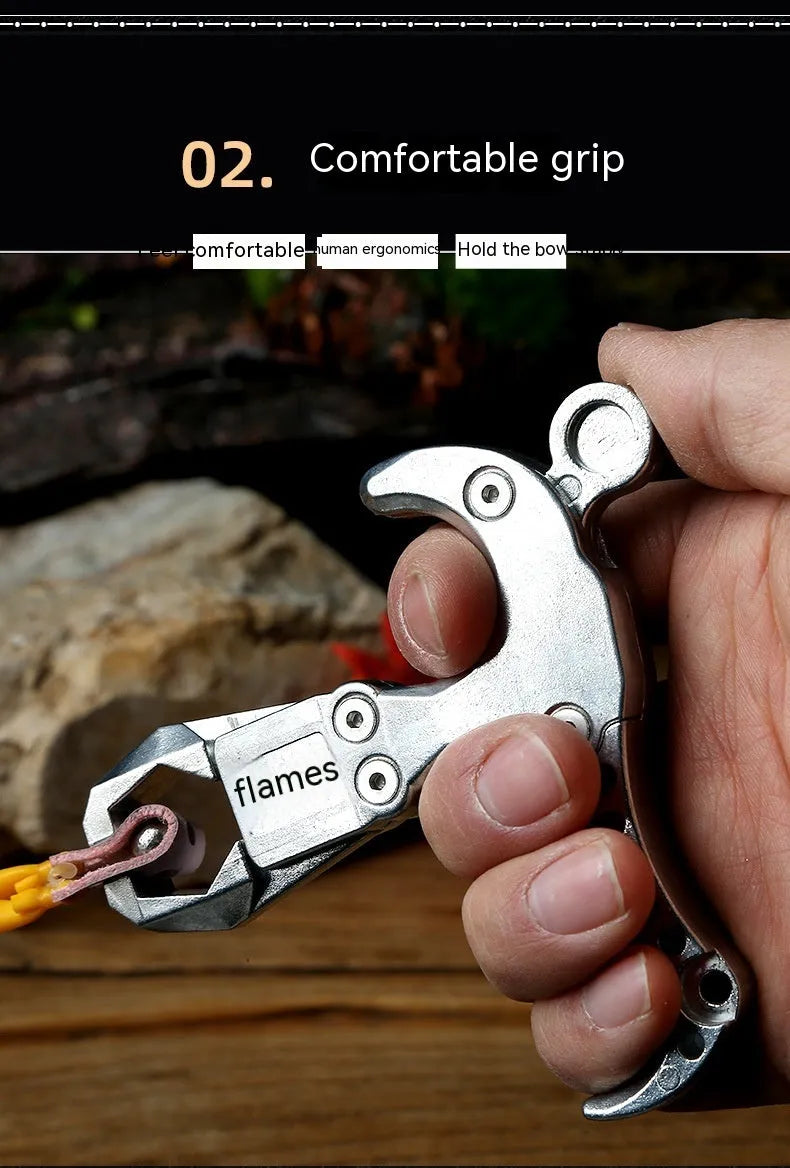 Alloy archery release aid showing two-axis harpoon clip mechanism for bowstring engagement