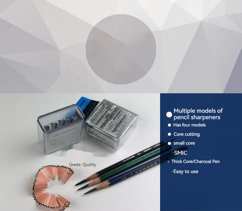 A geometric plastic pencil sharpener with four holes, shown with its integrated screwdriver tool.