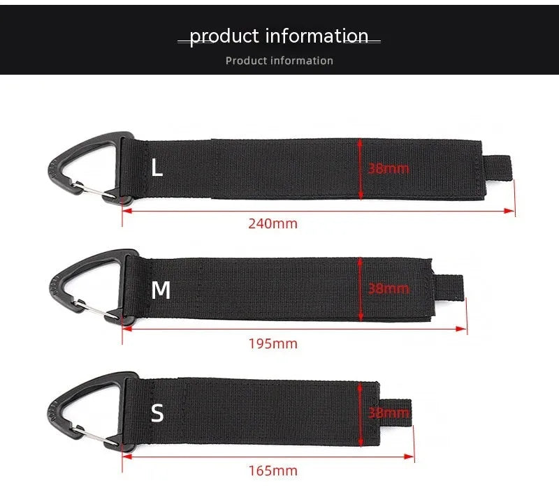 Black heavy gravity climbing storage strap with carabiner hook shown extended vertically
