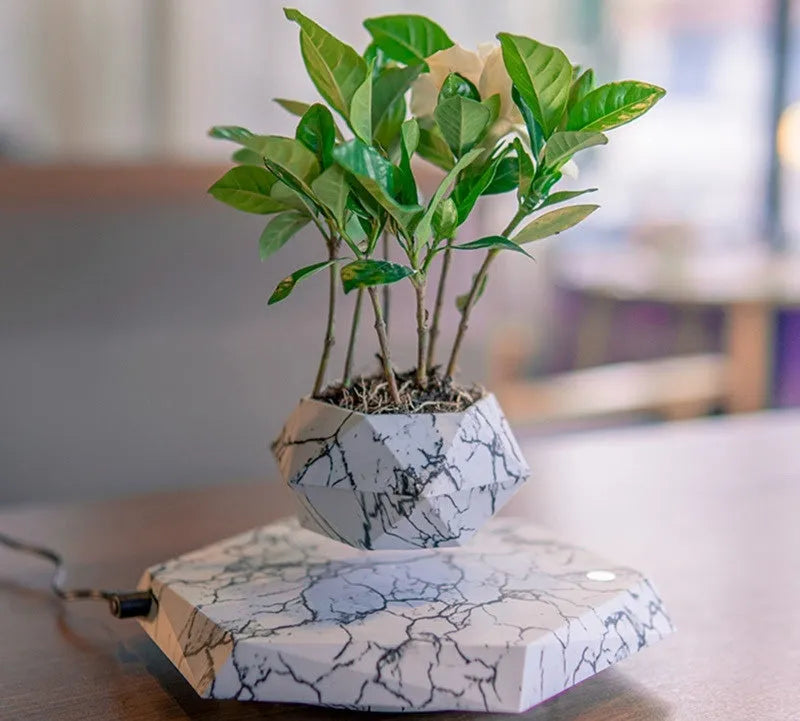 Small marble-colour plastic plant pot floating above a magnetic base unit.