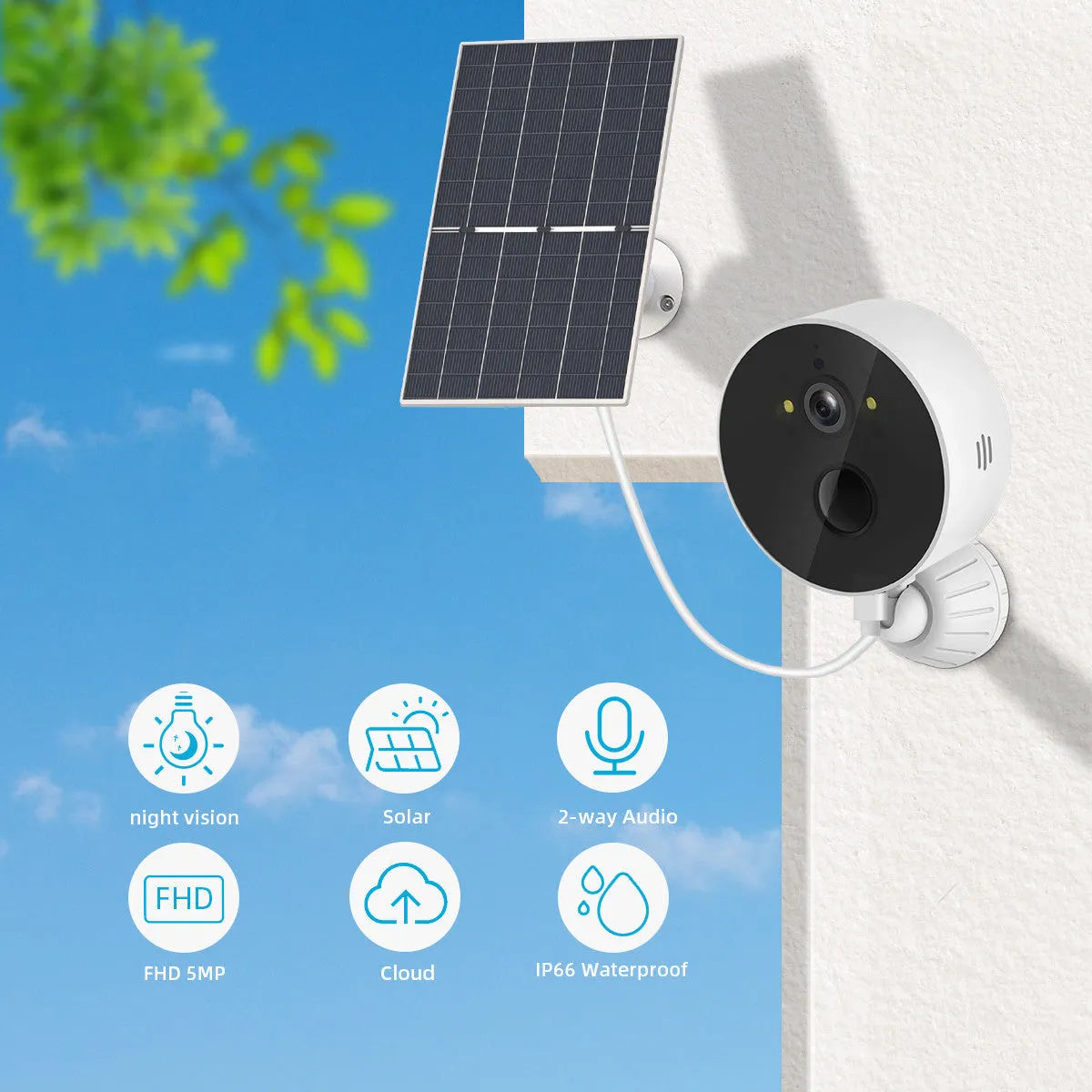 Solar-powered outdoor monitoring camera with solar panel for solar cell installations