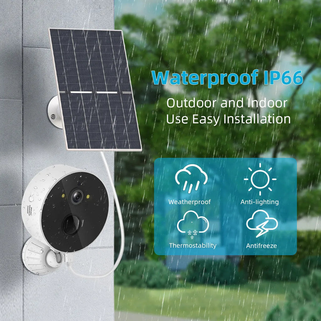 Solar-powered outdoor monitoring camera with solar panel for solar cell installations