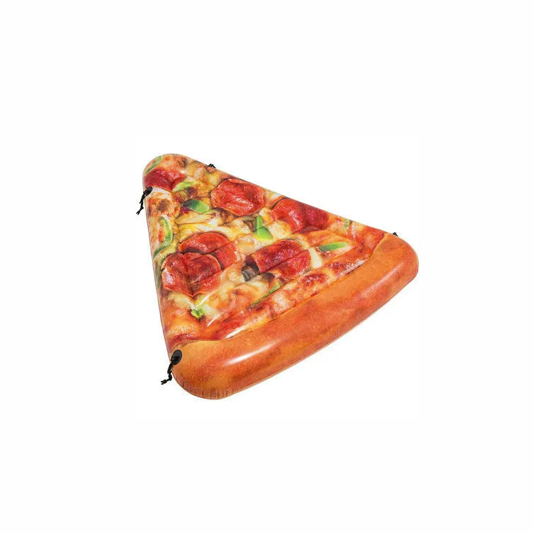Large inflatable pizza slice surfboard recliner floating in a pool, showing its 175cm length and colourful design.
