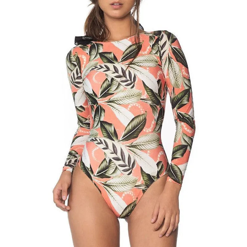 Women's leaf pattern backless one-piece swimsuit in polyester for swimming sports