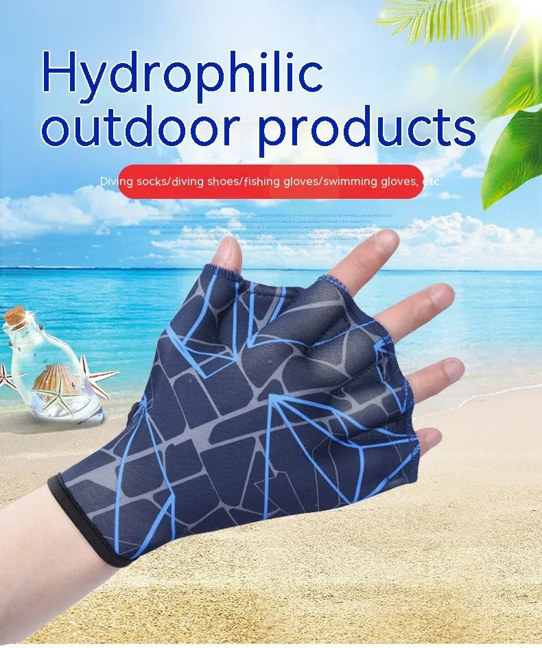 Webbed duck feet swimming gloves in nylon material showing colour pattern options including green, rose, navy blue, orange, and grey orange prints