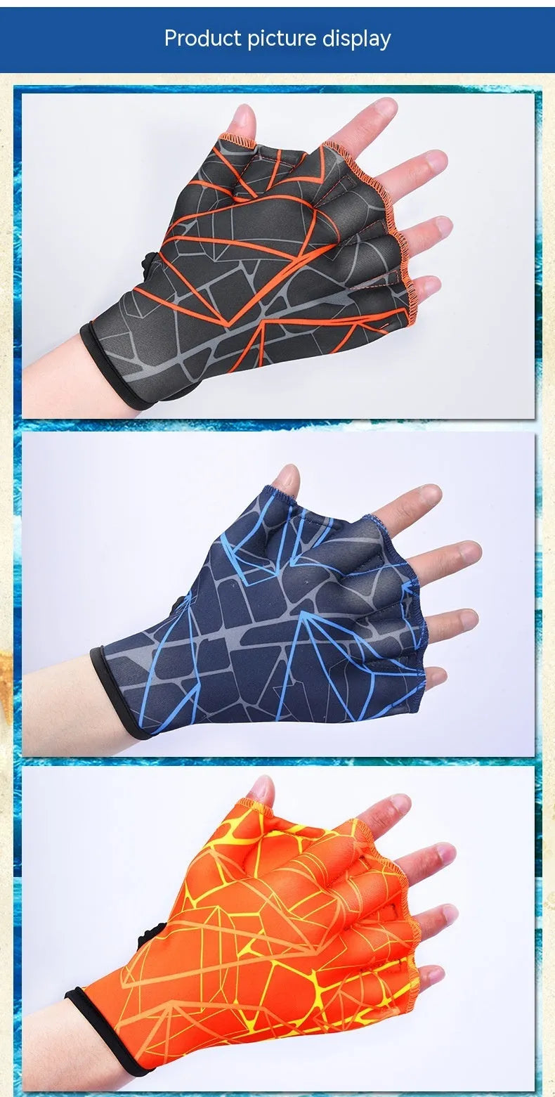 Webbed duck feet swimming gloves in nylon material showing colour pattern options including green, rose, navy blue, orange, and grey orange prints