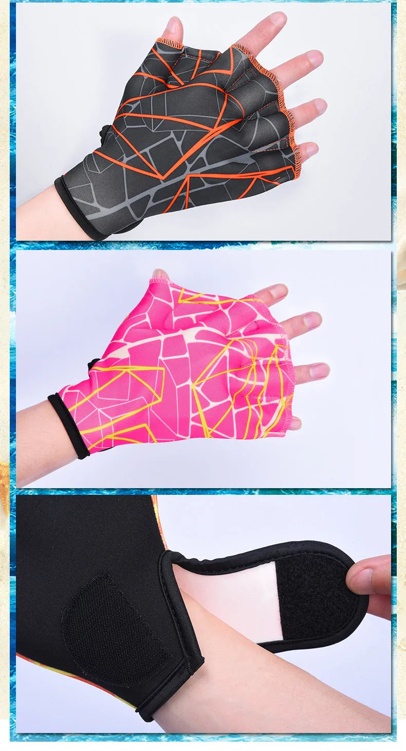 Webbed duck feet swimming gloves in nylon material showing colour pattern options including green, rose, navy blue, orange, and grey orange prints