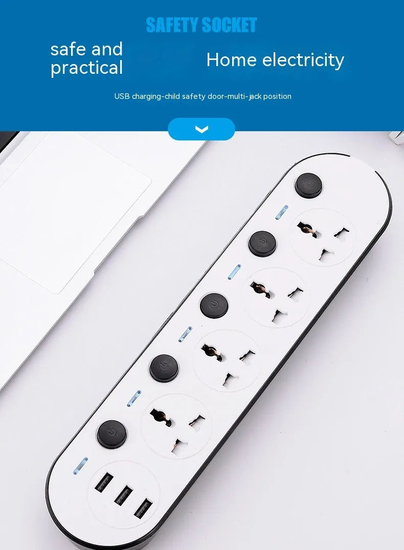 Multi-switch international power strip socket with choice of AU, EU, UK, US plugs and cable lengths.