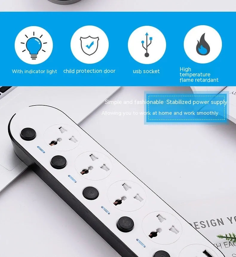 Multi-switch international power strip socket with choice of AU, EU, UK, US plugs and cable lengths.