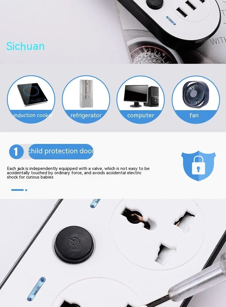 Multi-switch international power strip socket with choice of AU, EU, UK, US plugs and cable lengths.