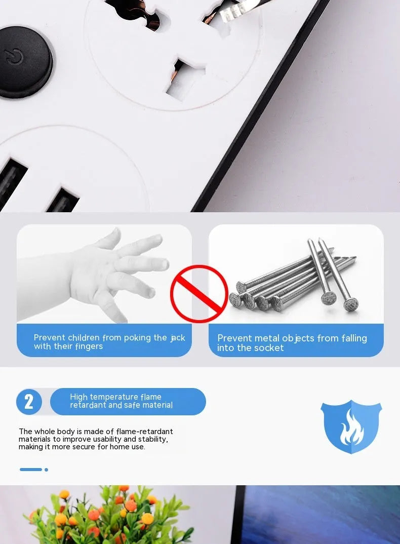 Multi-switch international power strip socket with choice of AU, EU, UK, US plugs and cable lengths.