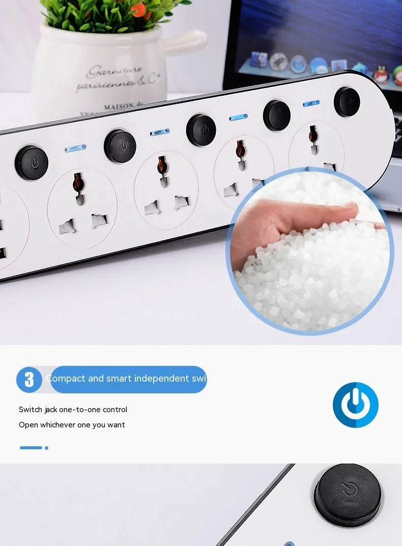 Multi-switch international power strip socket with choice of AU, EU, UK, US plugs and cable lengths.