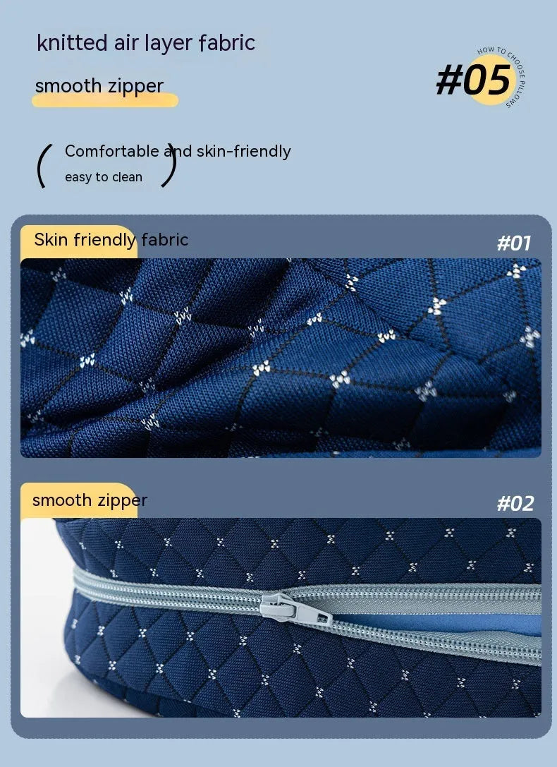Dark blue jacquard love heart-shaped memory foam leg pillow on a grey sofa