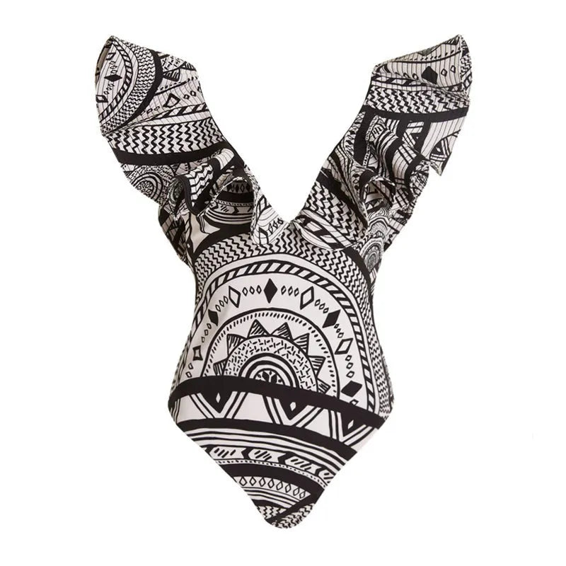 Women's deep V-neck vintage print swimsuit with ruffles and matching wrap skirt