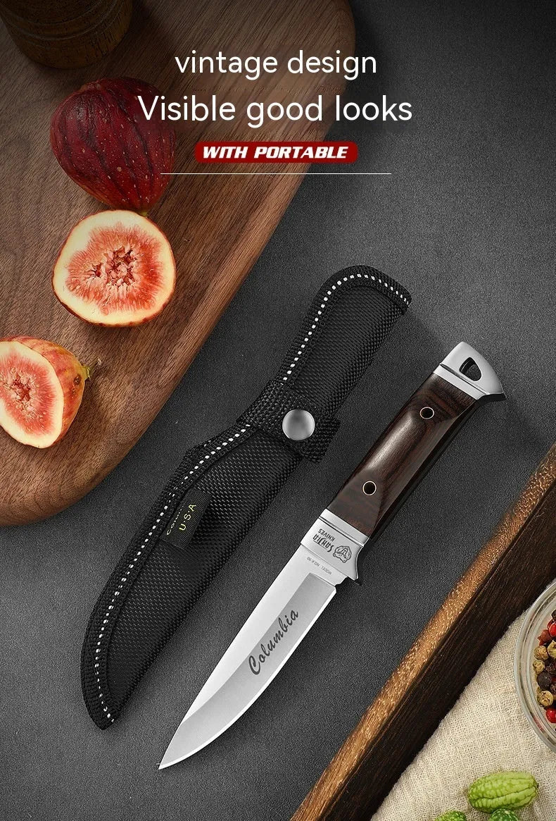 National style stainless steel camping knife with leather sheath case for outdoor use