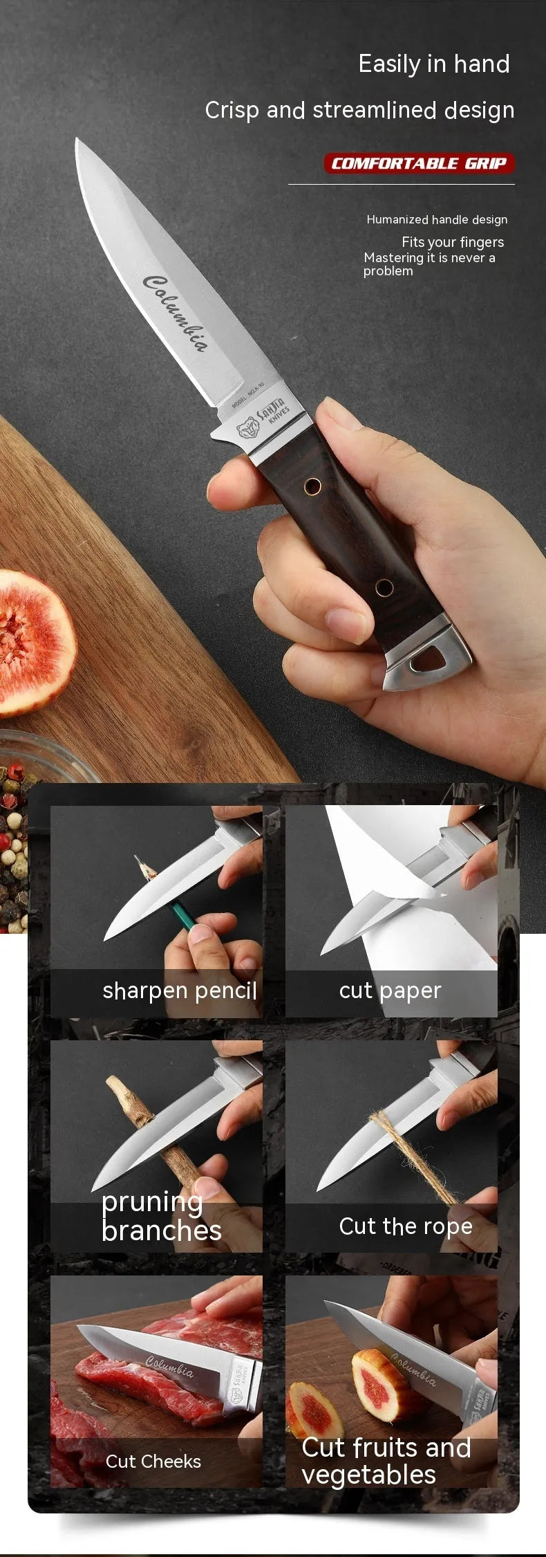 National style stainless steel camping knife with leather sheath case for outdoor use