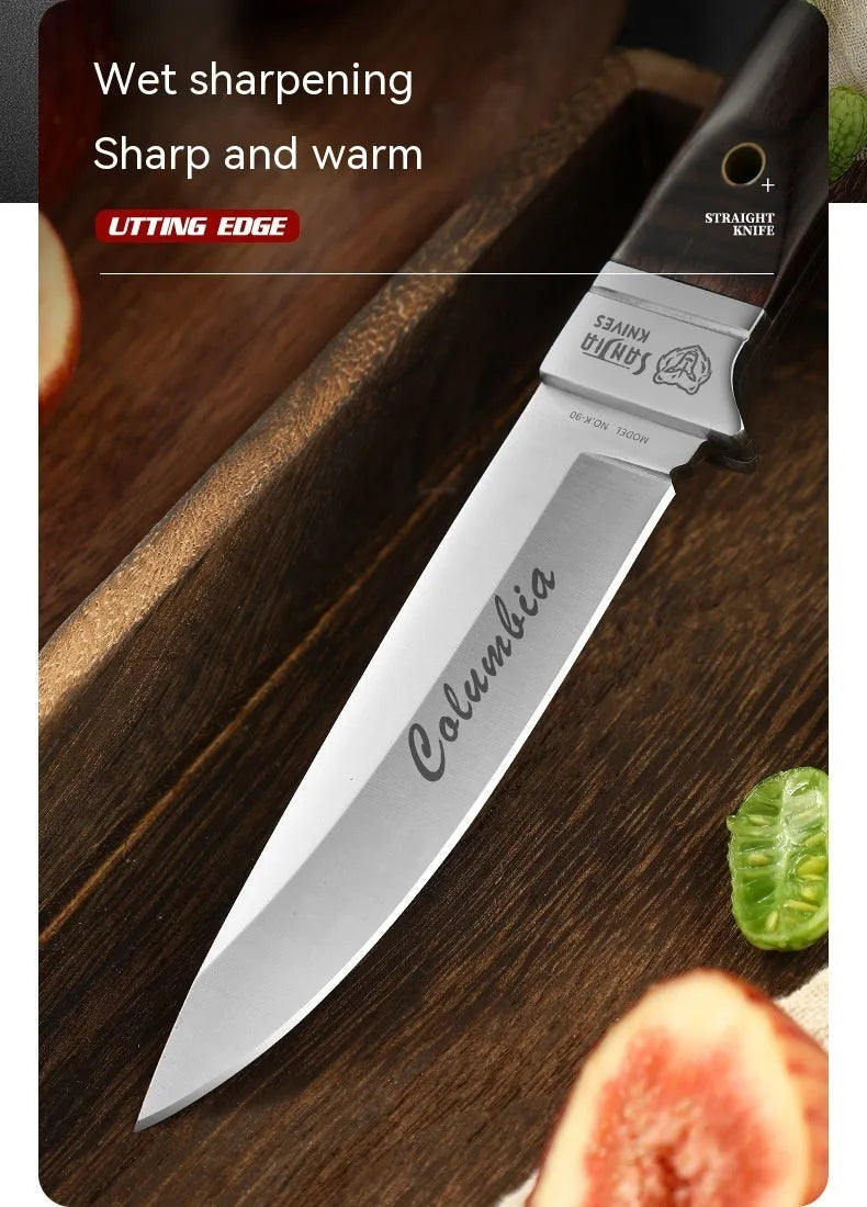 National style stainless steel camping knife with leather sheath case for outdoor use