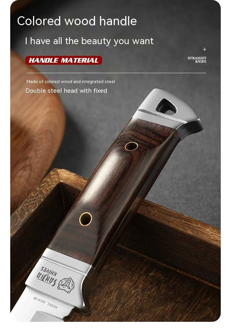 National style stainless steel camping knife with leather sheath case for outdoor use