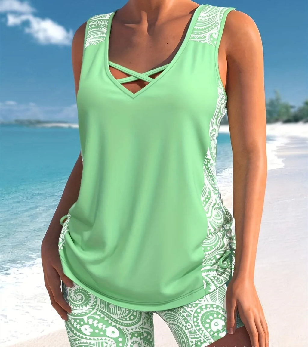 Women's split boxer swimsuit in printed design with separate top and shorts