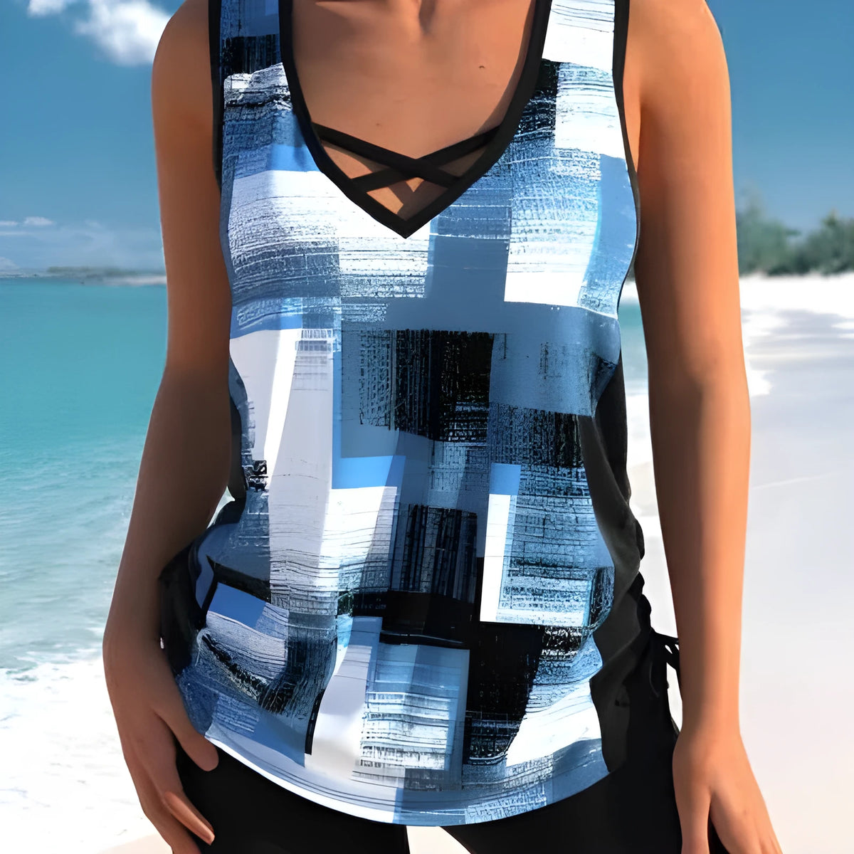 Women's split boxer swimsuit in printed design with separate top and shorts