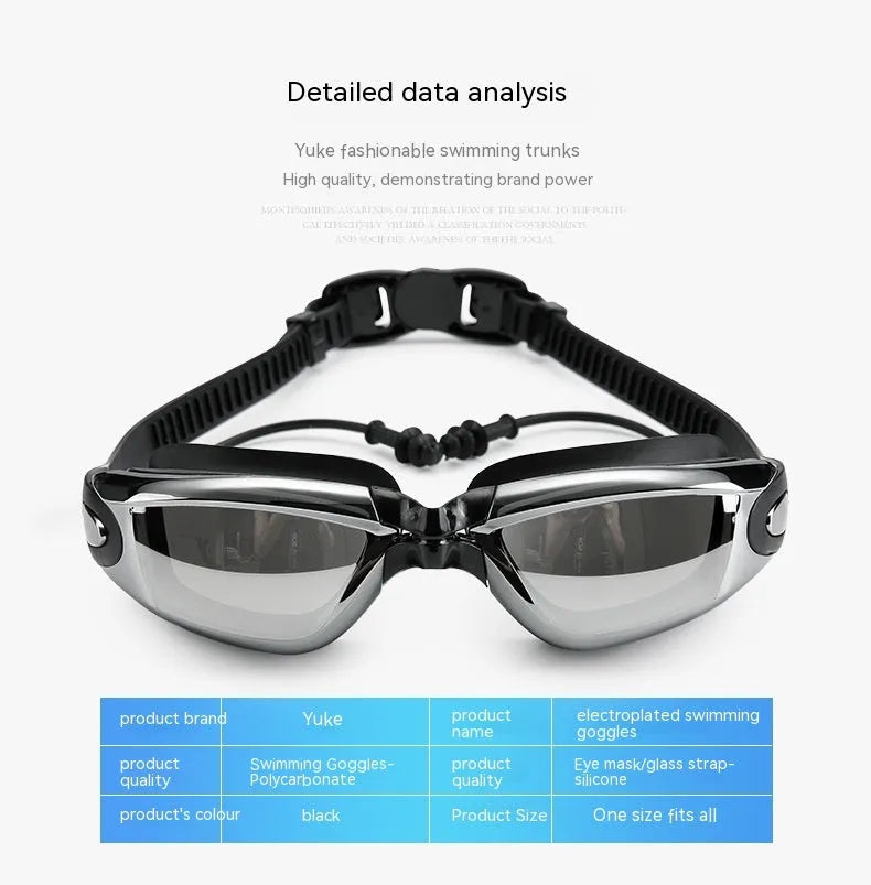 Men's black swimming set with polyester trunks, anti-fog goggles, waterproof cap, accessories and carrying bag