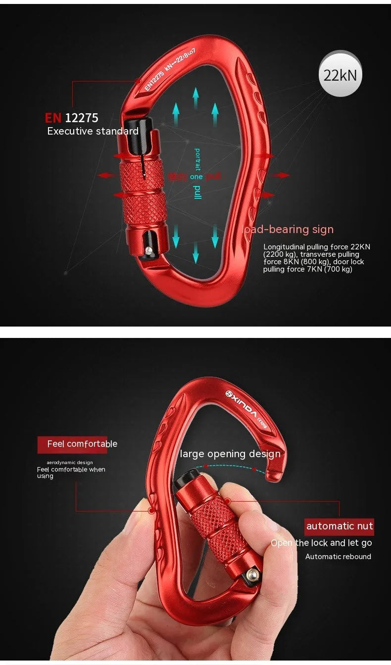 Climbing button carabiner with automatic master lock in multiple colour options for rock climbing equipment