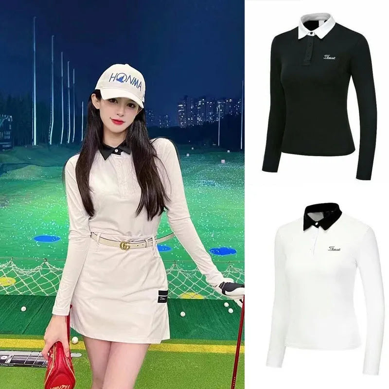 Women's white long sleeve polyester golf top for sun protection and outdoor activities