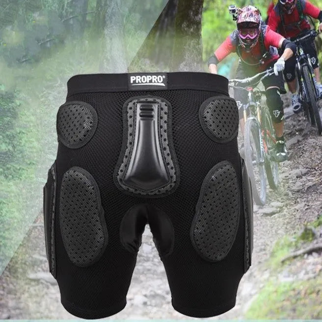 Black cycling protective trousers with integrated hip pads, shown in size L.