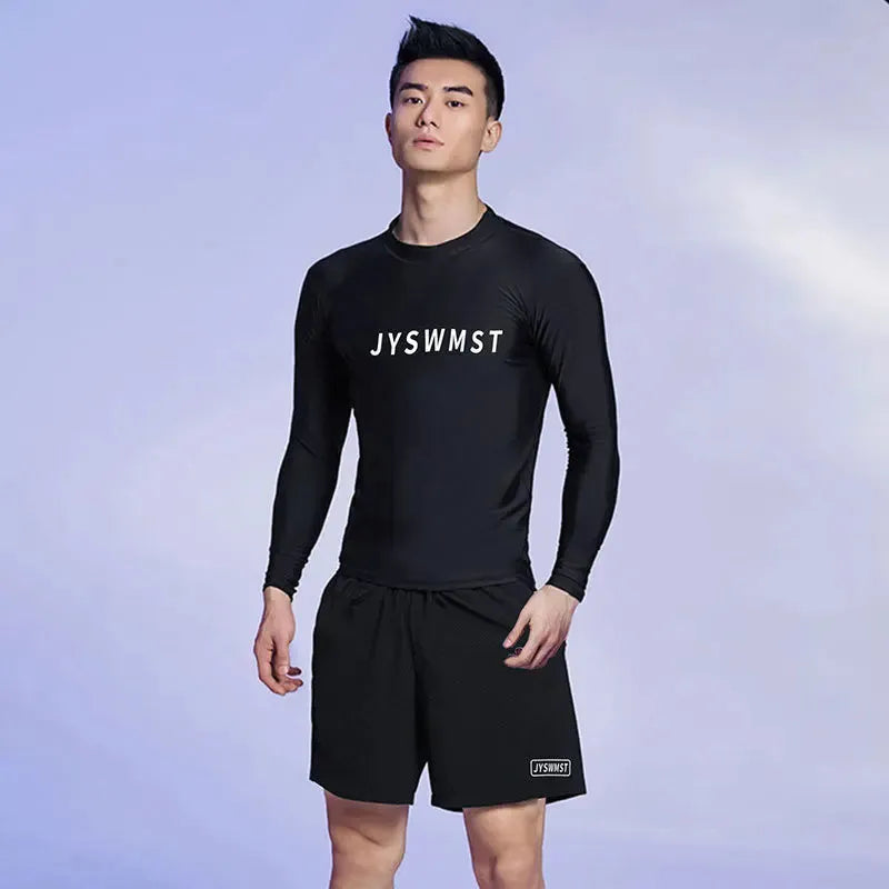 Men's patterned polyester swimsuit two-piece set showing top and pants components
